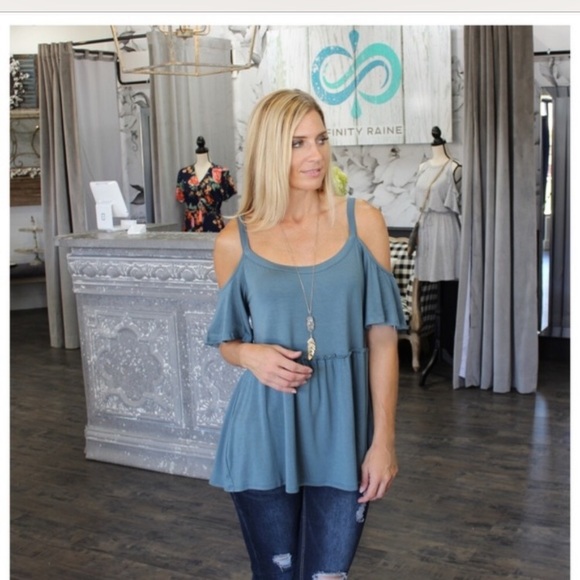NWT Infinity Raine teal cold shoulder top - Picture 2 of 4
